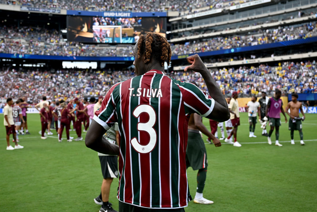 Trevoh Chalobah poses wearing Thiago Silva's shirt after Fluminense FC v Chelsea FC: Semi Final - FIFA Club World Cup 2025