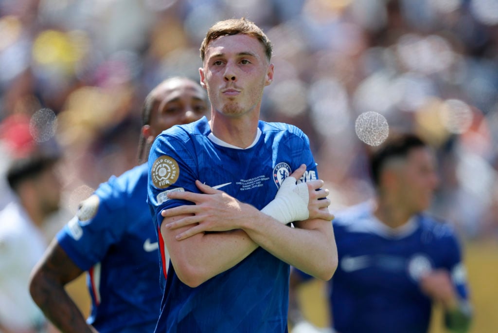 Cole Palmer celebrates scoring during Chelsea FC v Paris Saint-Germain: Final - FIFA Club World Cup 2025