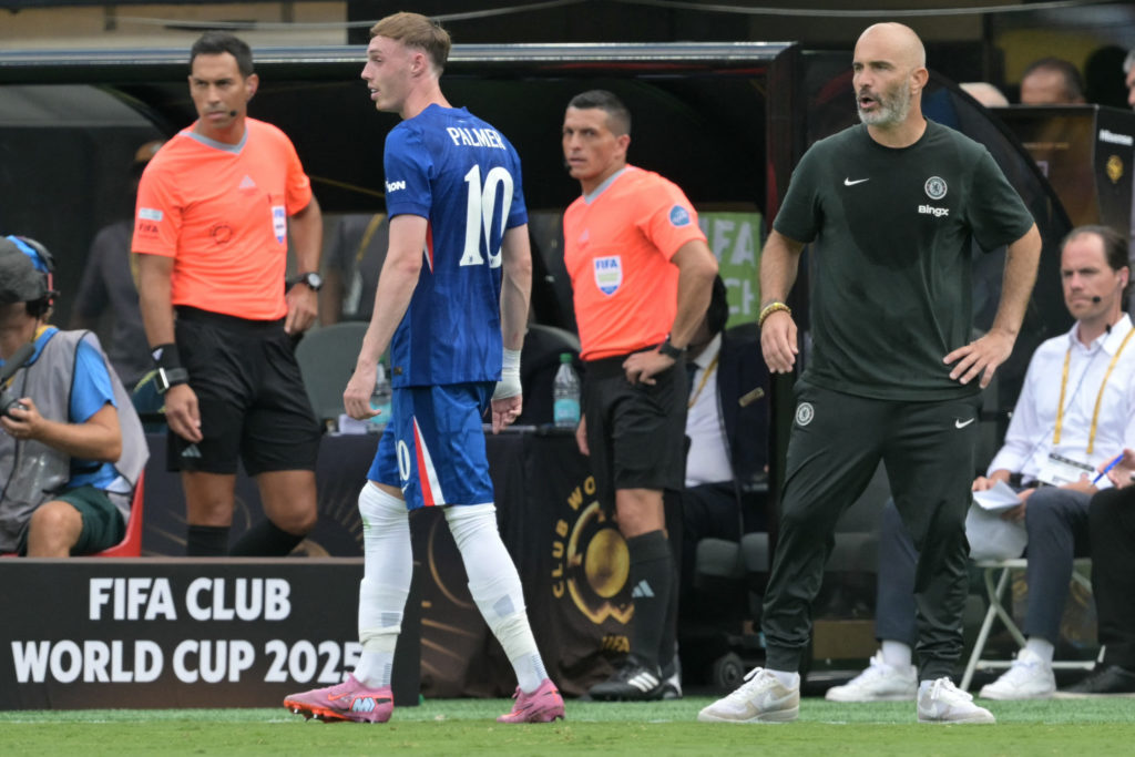 Cole Palmer and Enzo Maresca look on during the FIFA Club World Cup 2025 final between Chelsea and Paris Saint-Germain at the MetLife Stadium