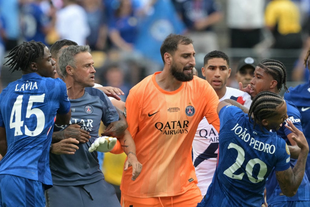 Luis Enrique and Gianluigi Donnarumma clash with Joao Pedro after Chelsea vs PSG in the FIFA Club World Cup final.