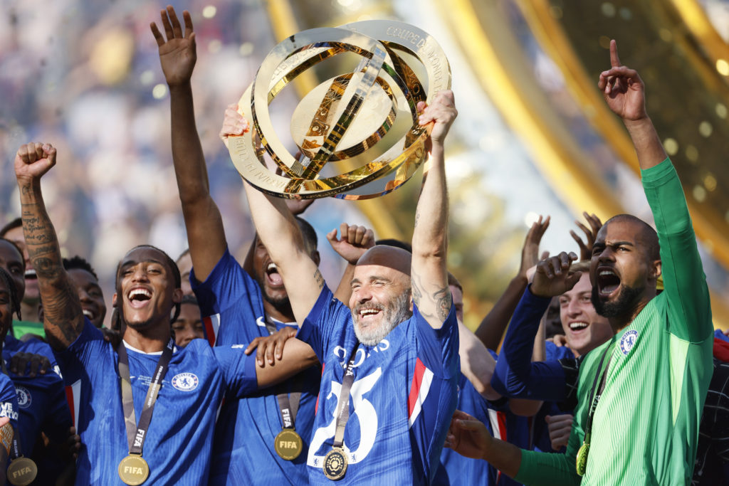 Enzo Maresca lifts the trophy after Chelsea FC v Paris Saint-Germain: Final - FIFA Club World Cup 2025