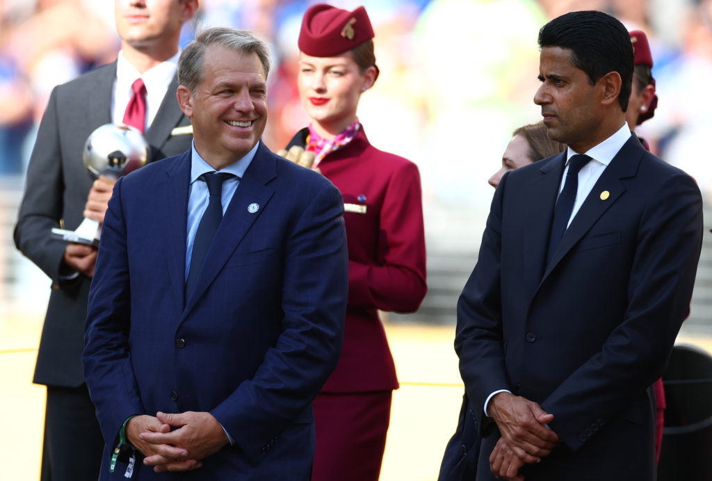 Todd Boehly, Chelsea FC owner, looks on with Nasser Al-Khelaifi, President of PSG
