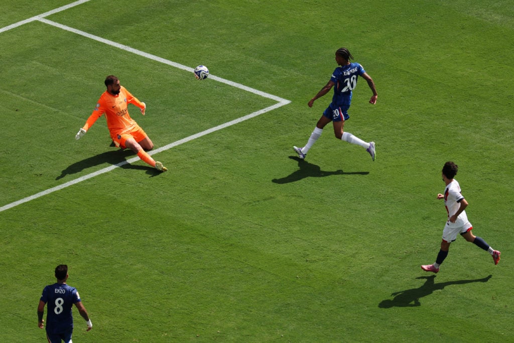 Joao Pedro scores his team's third goal during Chelsea FC v Paris Saint-Germain: Final - FIFA Club World Cup 2025