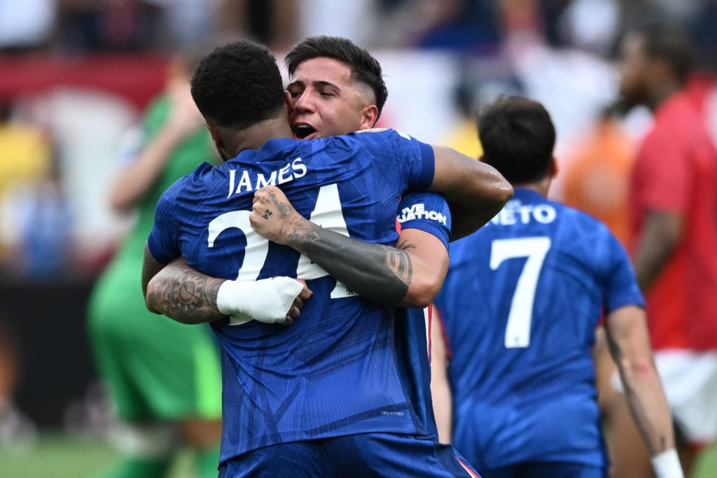 Enzo Fernandez of Chelsea and Reece James of Chelsea celebrate after Club World Cup final