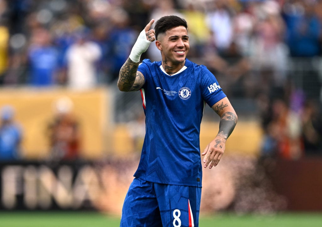 Enzo Fernandez celebrates after Chelsea FC v Paris Saint-Germain: Final - FIFA Club World Cup 2025