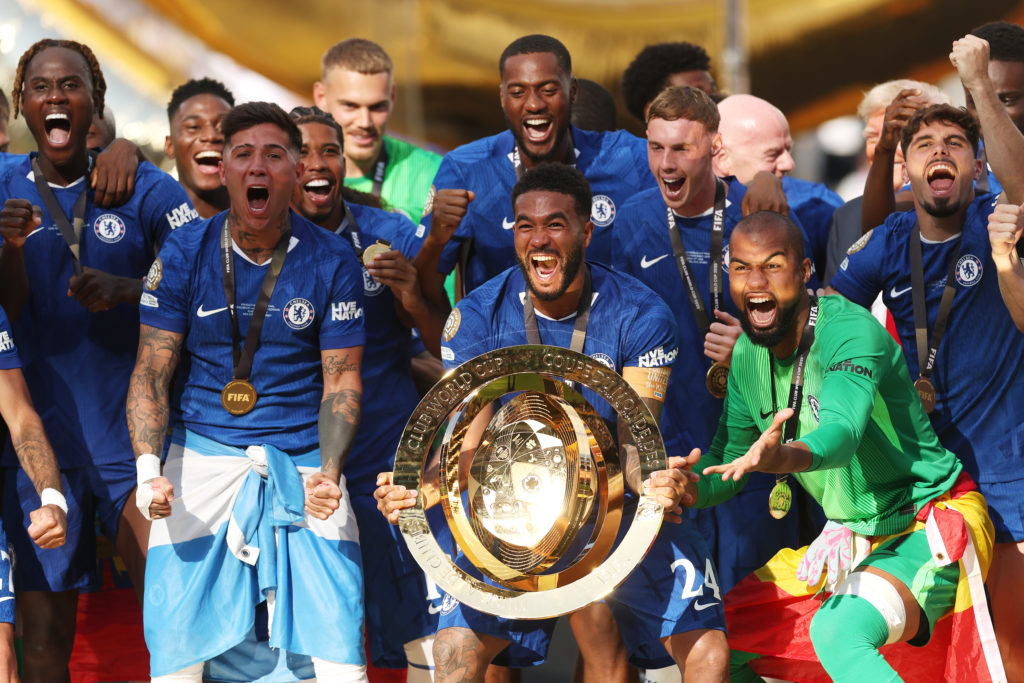 Reece James celebrates with the trophy after Chelsea FC v Paris Saint-Germain: Final - FIFA Club World Cup 2025