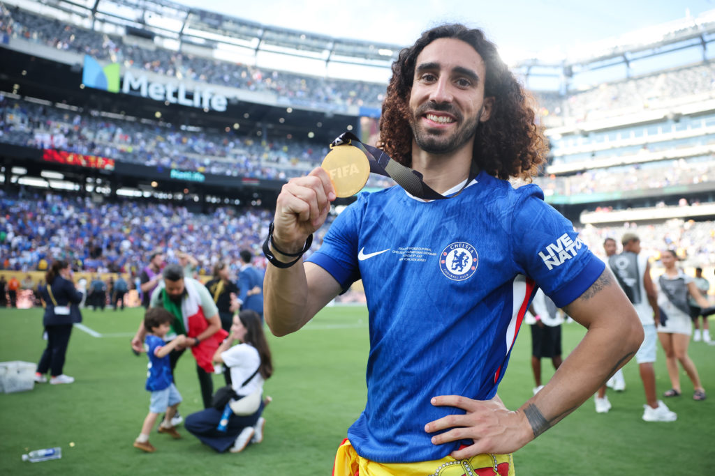 Marc Cucurella poses with his winner's medal during Chelsea FC v Paris Saint-Germain: Final - FIFA Club World Cup 2025