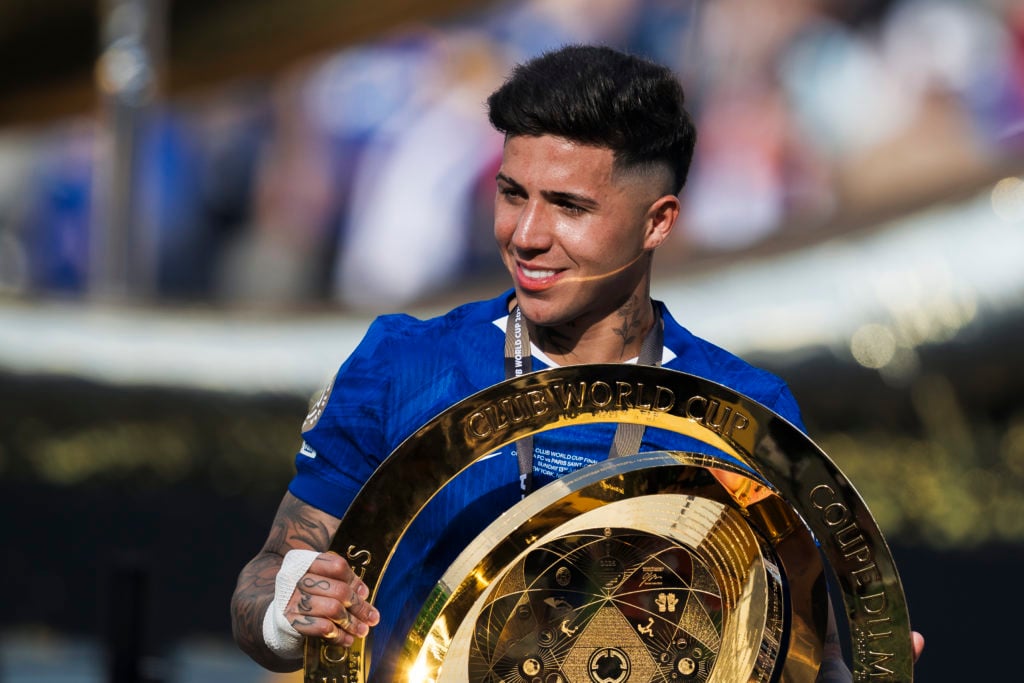 Enzo Fernandez of Chelsea FC poses with the trophy during