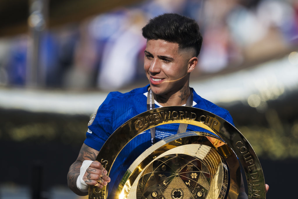 Enzo Fernandez of Chelsea FC poses with the trophy during