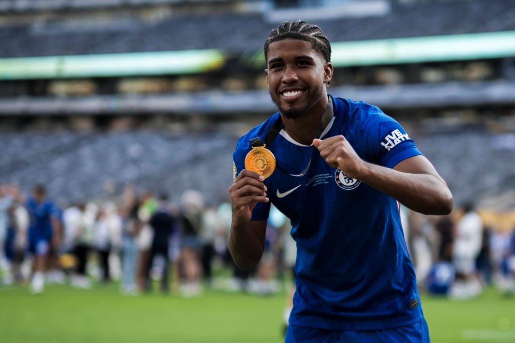 Andrey Santos of Chelsea FC poses with his medal after winning the Club World Cup.