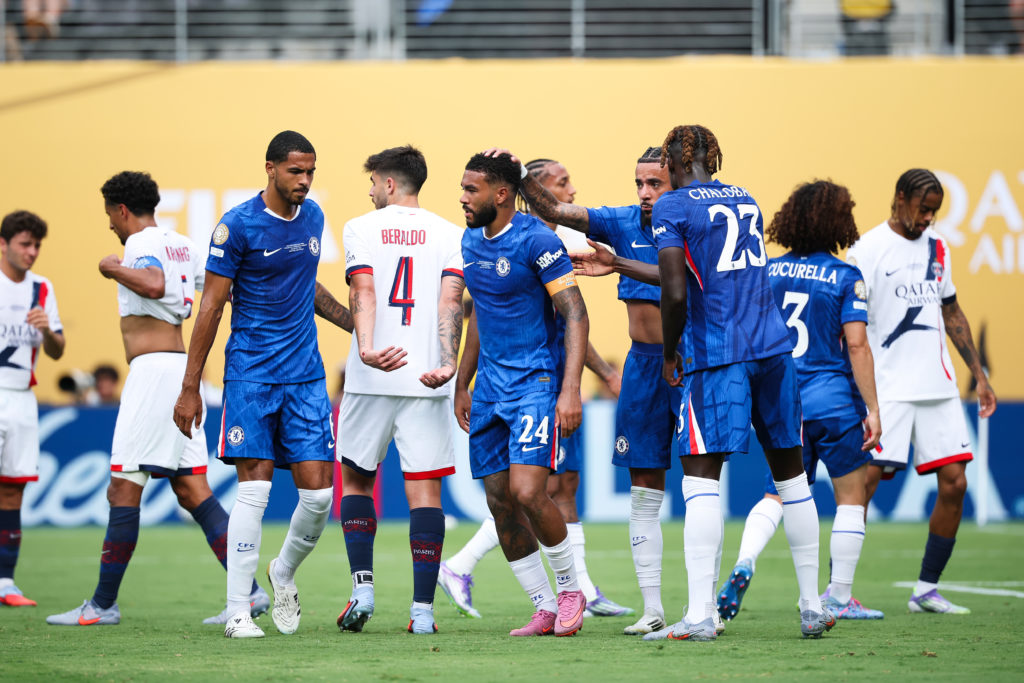 Reece James #24, Malo Gusto #27 and Trevoh Chalobah #23 of Chelsea FC interact during the FIFA Club World Cup 2025 Final