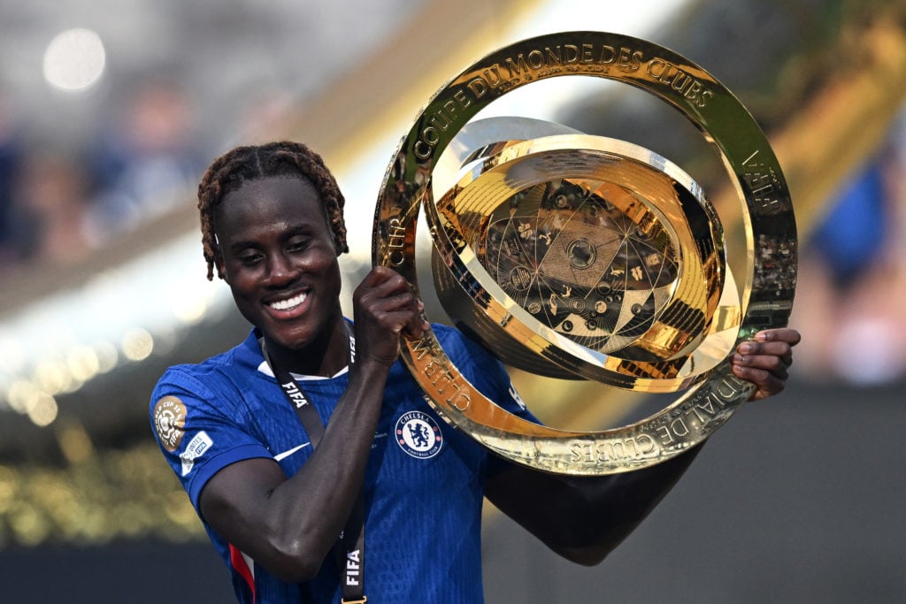 Trevoh Chalobah of Chelsea celebrates with Club World Cup trophy