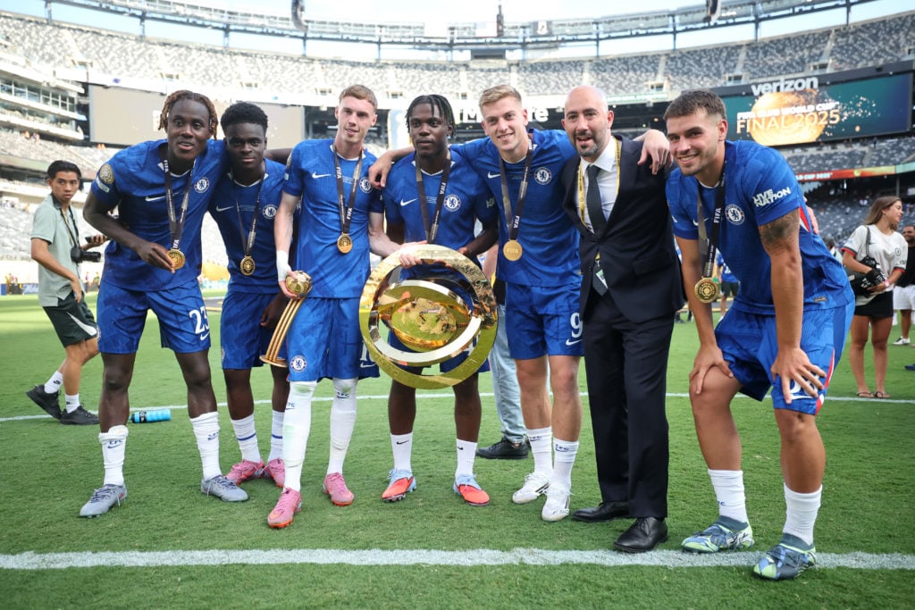 Chelsea players and Joe Shields celebrating with Club World Cup trophy