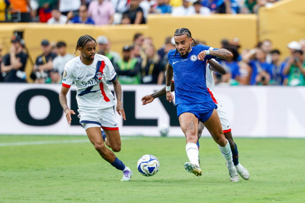 Malo Gusto passes the ball during Chelsea FC v Paris Saint-Germain: Final - FIFA Club World Cup 2025