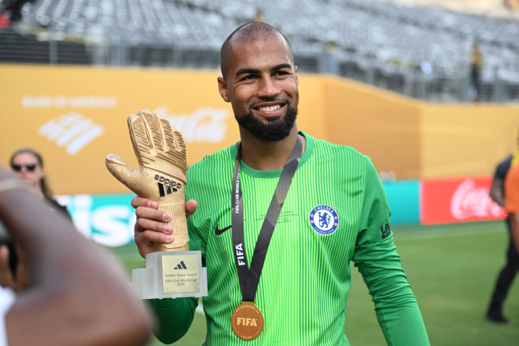 Robert Sanchez poses with the Golden Glove award after Chelsea FC v Paris Saint-Germain: Final - FIFA Club World Cup 2025