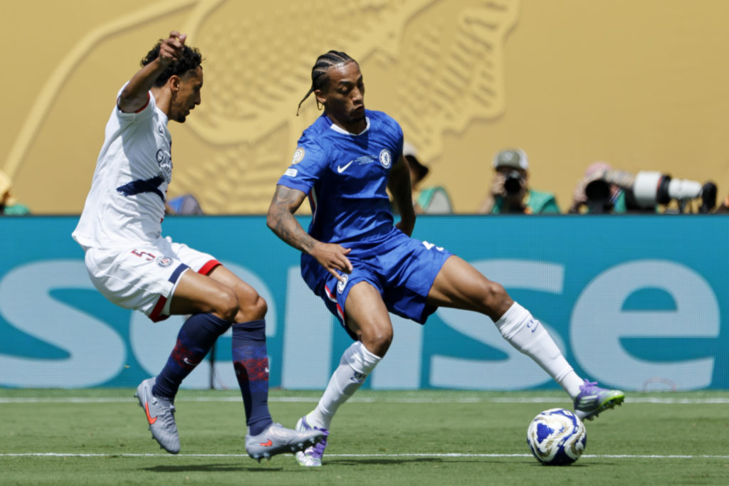 Chelsea forward Joao Pedro taking on PSG defender Marquinhos
