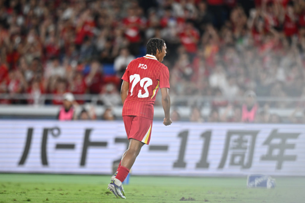 Rio Ngumoha celebrates scoring the third goal for Liverpool against Yokohama F.Marinos