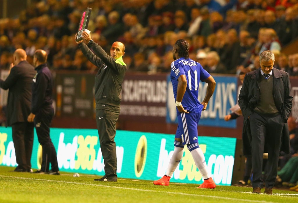 Didier Drogba coming on as a substitute for Chelsea in the Premier League against Burnley.