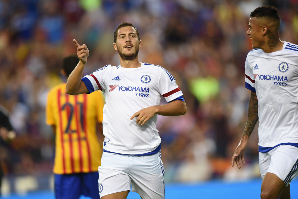 Eden Hazard celebrates scoring during a pre-season friendly between Chelsea and Barcelona