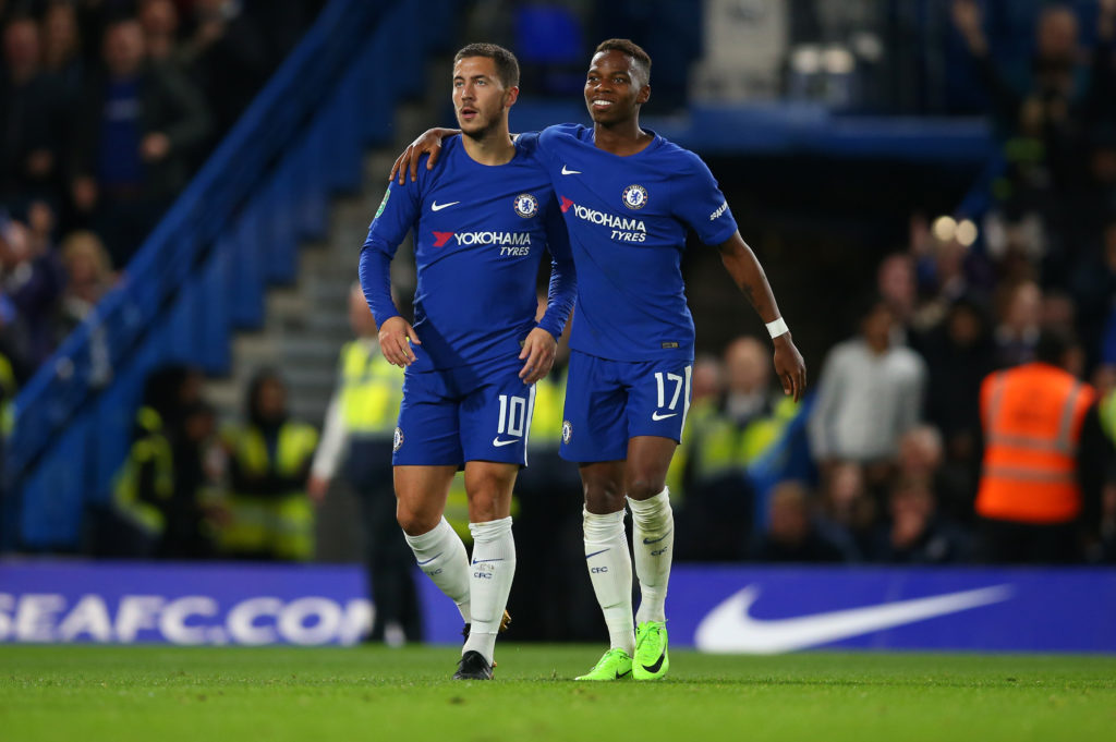 Eden Hazard of Chelsea and Charly Musonda of Chelsea during the Carabao Cup Third Round match between Chelsea and Nottingham Forest