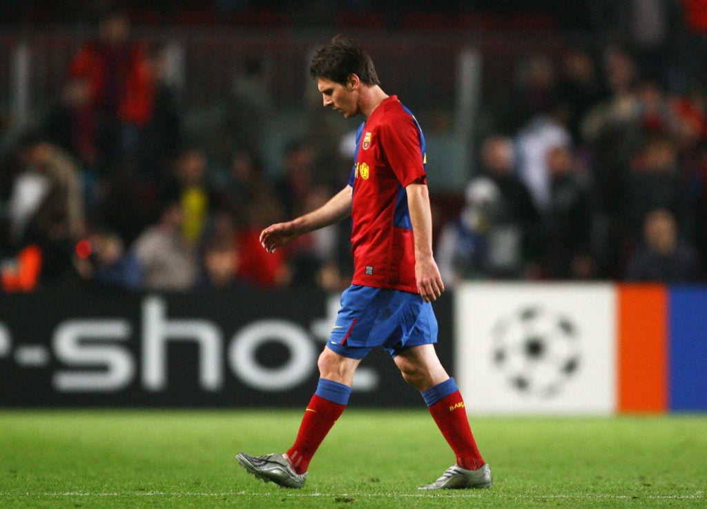 Lionel Messi walking off the pitch after Barcelona against Chelsea in the Champions League semi-final first leg.