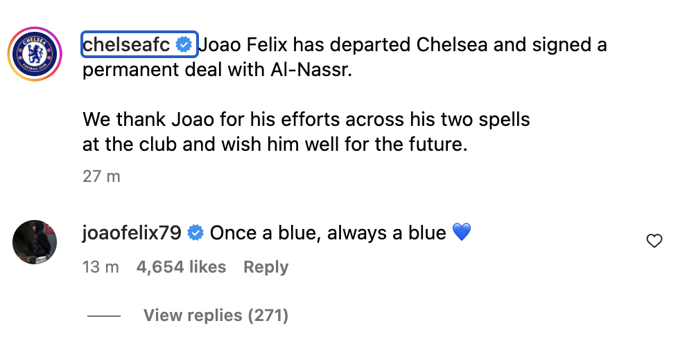 Joao Felix responds on Instagram after Chelsea confirm his sale to Al-Nassr.