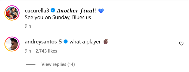 Andrey Santos comments on Marc Cucurella's Instagram