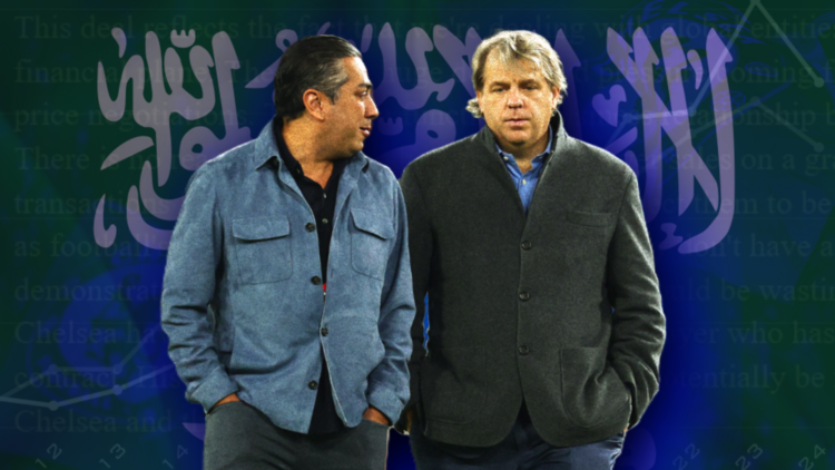 Illustration image of Chelsea co-owners Behdad Eghbali and Todd Boehly, with overlay of the Saudi Arabia flag