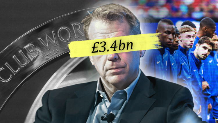 Illustration composite image of Todd Boehly flanked by the Club World Cup trophy and a Chelsea team photo, with '£3.4bn' wordage