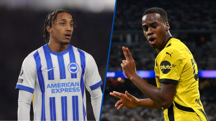 Split image - Joao Pedro looks on during Brighton v Aston Villa and Borussia Dortmund's Jamie Gittens celebrates after scoring against Real Madrid