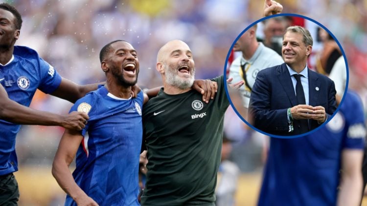 Enzo Maresca and Tosin Adarabioyo celebrate after FIFA Club World Cup Final, inset Chelsea co-owner Todd Boehly smiling