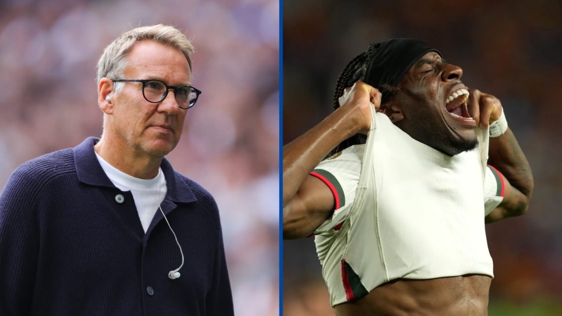 Split image - Paul Merson during Tottenham vs Arsenal match and Noni Madueke reacts to a missed shot during Chelsea game