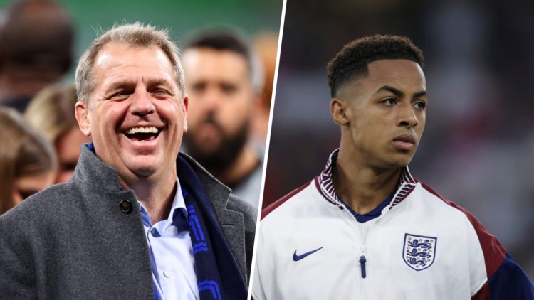 Todd Boehly celebrates after Real Betis Balompie v Chelsea FC - UEFA Conference League Final 2025. Omari Hutchinson looks on ahead of England v Ger...