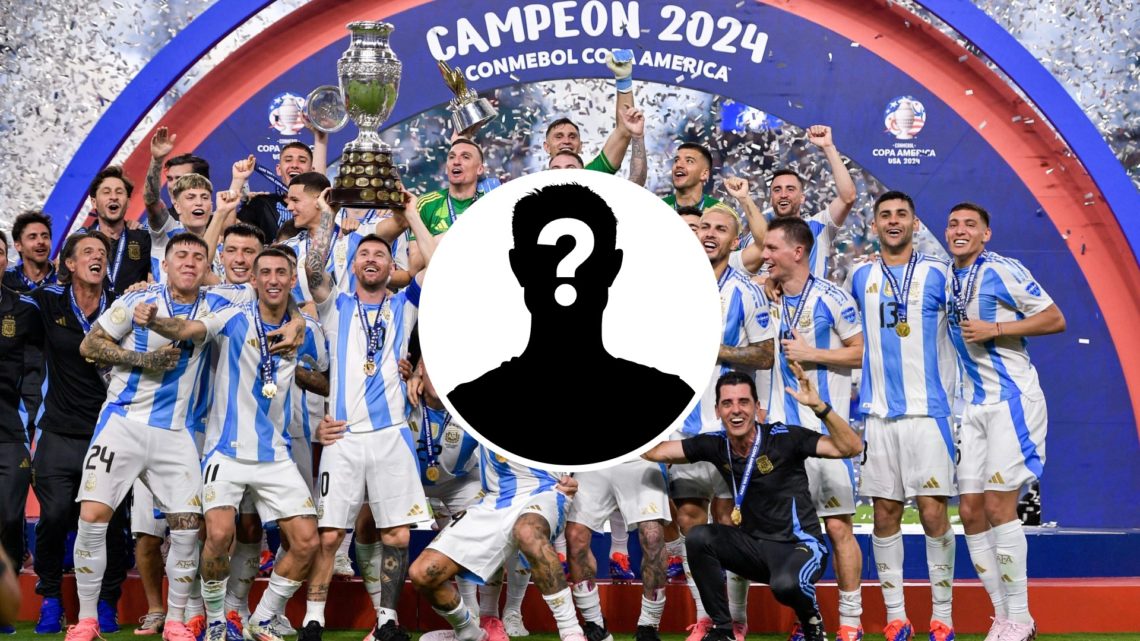 Argentina players celebrate lifting Copa America trophy, inset mystery player