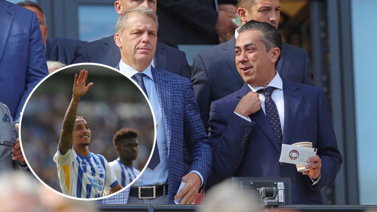 Todd Boehly and Behdad Eghbali watch on during West Ham United FC v Chelsea FC - Premier League. Joao Pedro celebrates scoring during Brighton &amp...