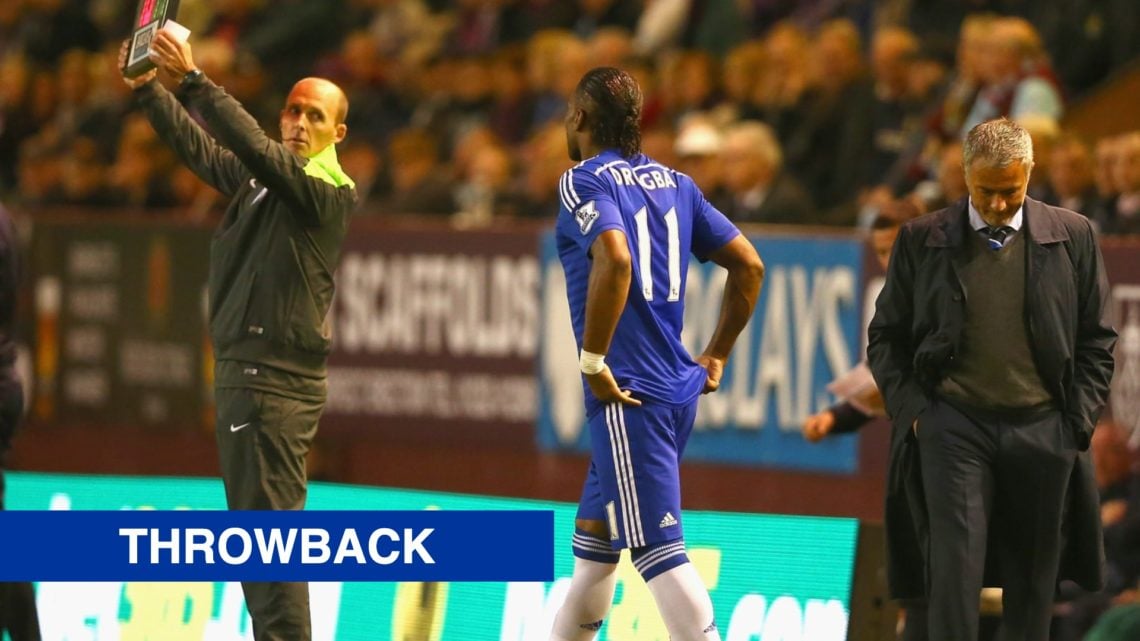 Didier Drogba coming on as a substitute for his second Chelsea debut in the Premier League against Burnley.