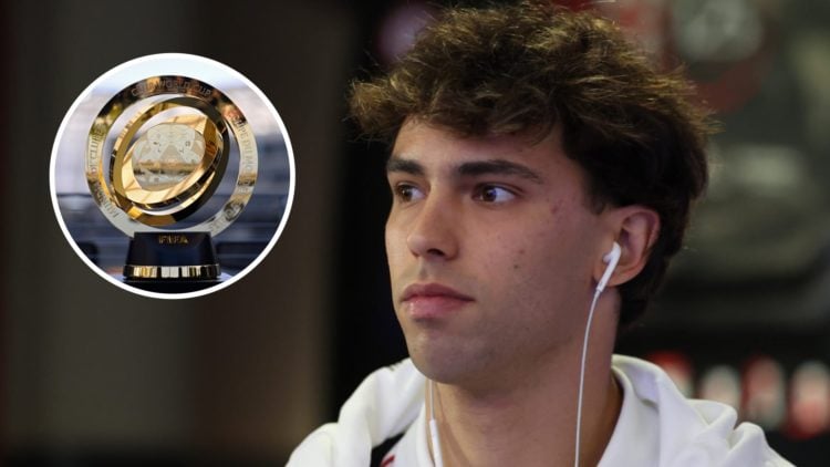 Joao Felix arrives for AC Milan before the Coppa Italia tie against Inter Milan. Inset, the Club World Cup trophy.