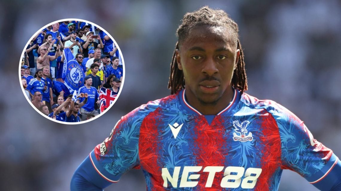 Crystal Palace star Eberechi Eze playing against Tottenham in the Premier League. Inset, Chelsea fans in the crowd at the Club World Cup final.
