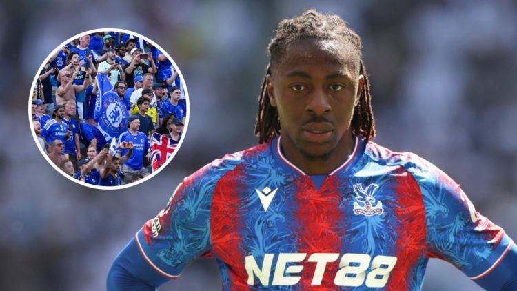 Crystal Palace star Eberechi Eze playing against Tottenham in the Premier League. Inset, Chelsea fans in the crowd at the Club World Cup final.