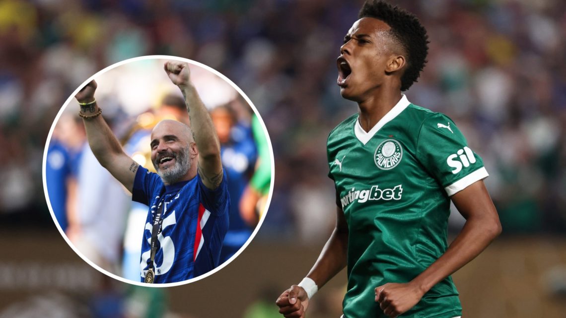 Estevao Willian celebrates scoring for Palmeiras vs Chelsea at the Club World Cup. Enzo Maresca celebrates after Chelsea FC v Paris Saint-Germain: ...