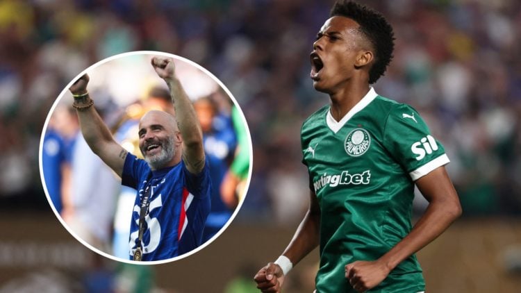Estevao Willian celebrates scoring for Palmeiras vs Chelsea at the Club World Cup. Enzo Maresca celebrates after Chelsea FC v Paris Saint-Germain: ...