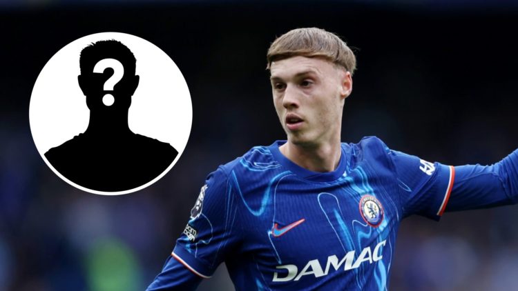 Cole Palmer playing for Chelsea against Liverpool in the Premier League. Inset, mystery football player.