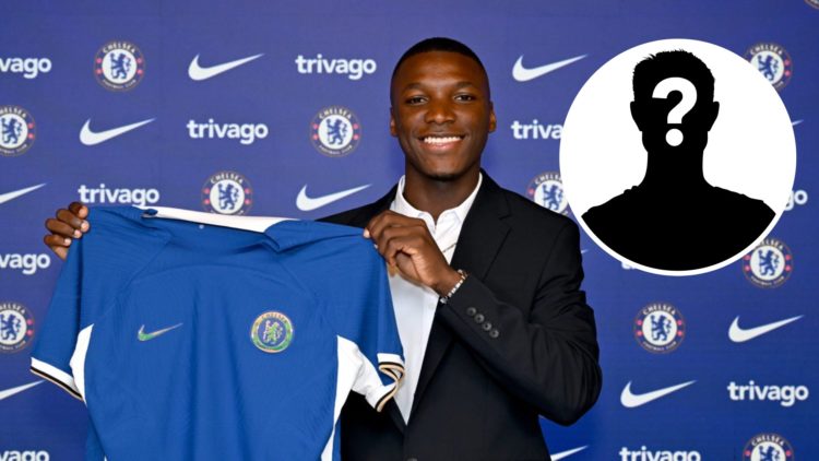Moises Caicedo poses after being confirmed as a new Chelsea signing. Inset, mystery football player
