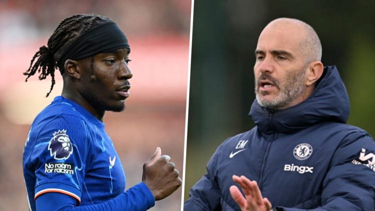 Picture one Noni Madueke playing for Chelsea against Liverpool in the Premier League. Picture two Chelsea manager Enzo Maresca during a training se...