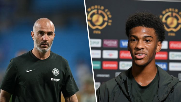 Josh Acheampong speaks to the media during Chelsea FC Training Press Conference - FIFA Club World Cup 2025. Enzo Maresca looks on following the Clu...