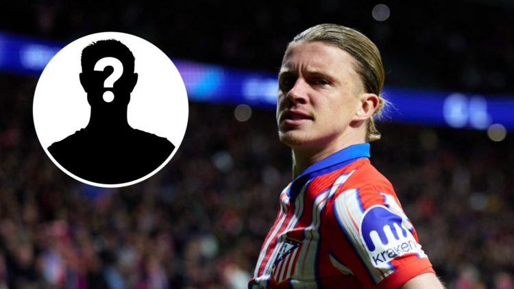 Conor Gallagher playing for Atletico Madrid against Real Madrid in the Champions League. Inset, mystery football player.