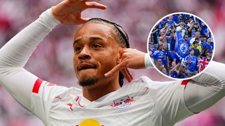 Xavi Simons playing for RB Leipzig in the German Bundesliga. Inset, Chelsea fans at the Club World Cup