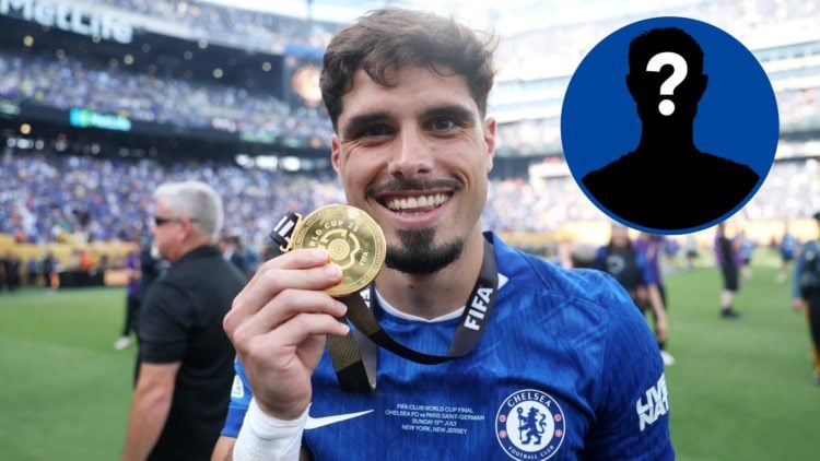 Chelsea winger Pedro Neto celebrates with his winners' medal, inset mystery player