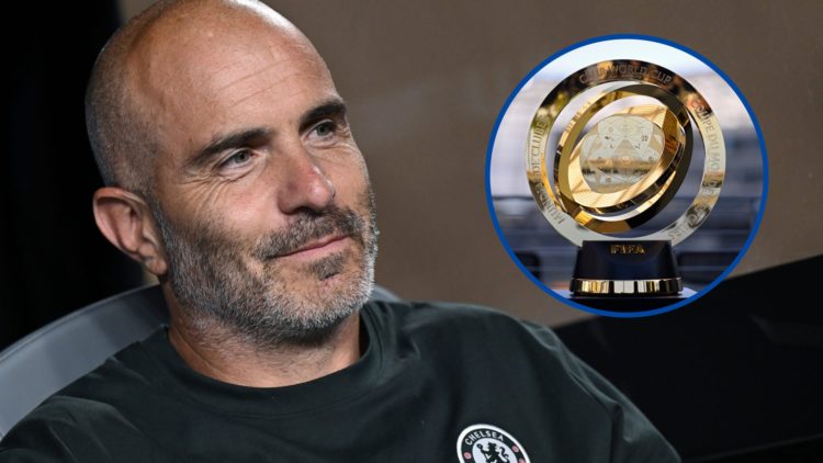 Enzo Maresca on the bench during Esperance de Tunis v Chelsea, inset the Club World Cup trophy on display