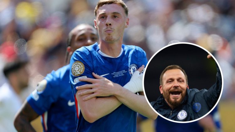 Cole Palmer celebrates scoring during Chelsea FC v Paris Saint-Germain: Final - FIFA Club World Cup 2025. Inset: Jody Morris celebrates victory aft...